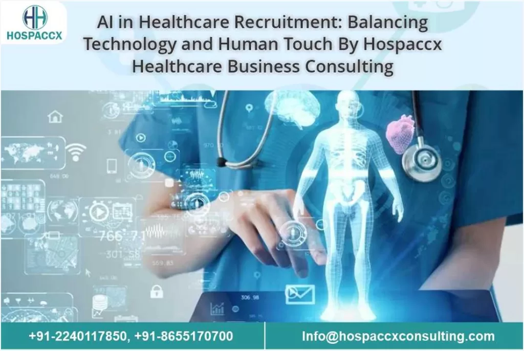 .Visual representation of AI in healthcare recruitment, showcasing the balance of technology and human touch, emphasizing AI's impact