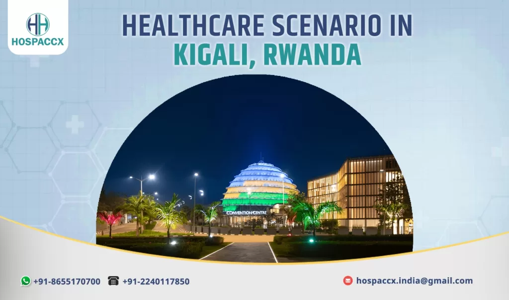 Modern hospital building in Kigali with staff and patients present.